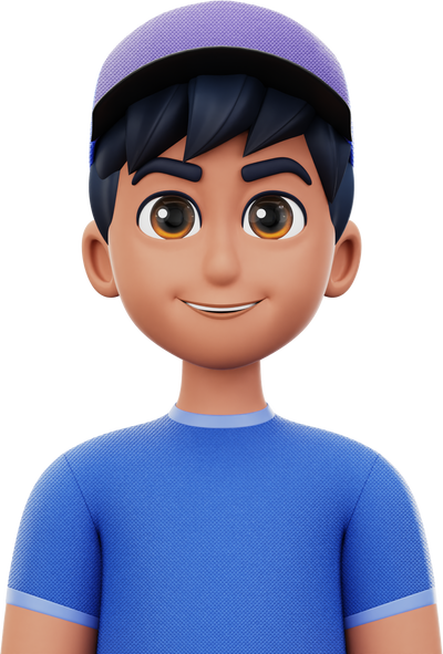 3D Avatar Blue Shirt Man with Purple Hat Character